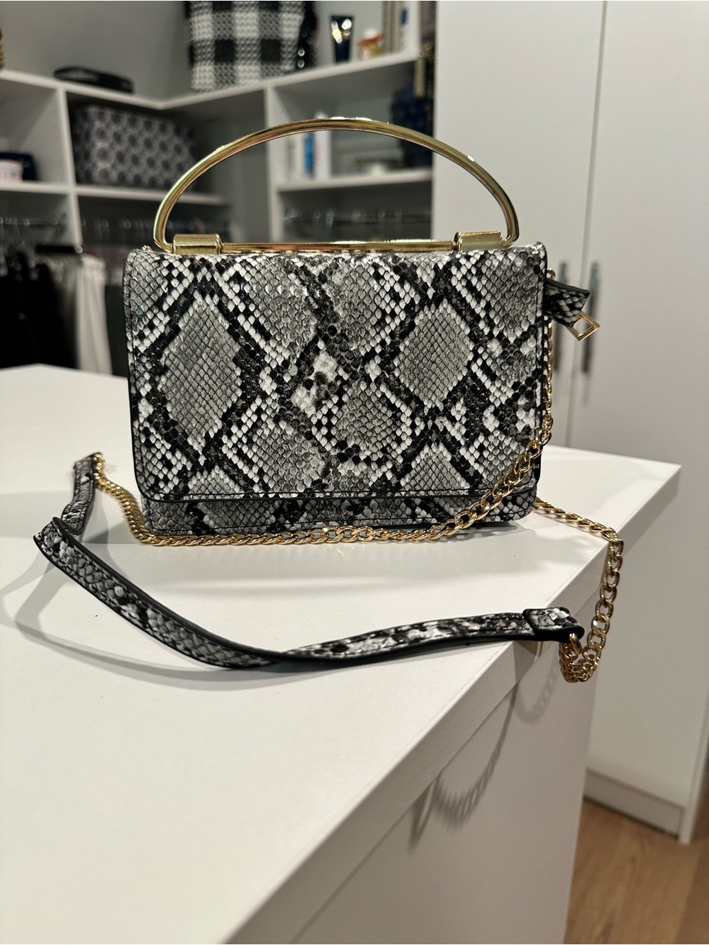 Madison West Black & White Snake-Print Mini Top-Handle Crossbody